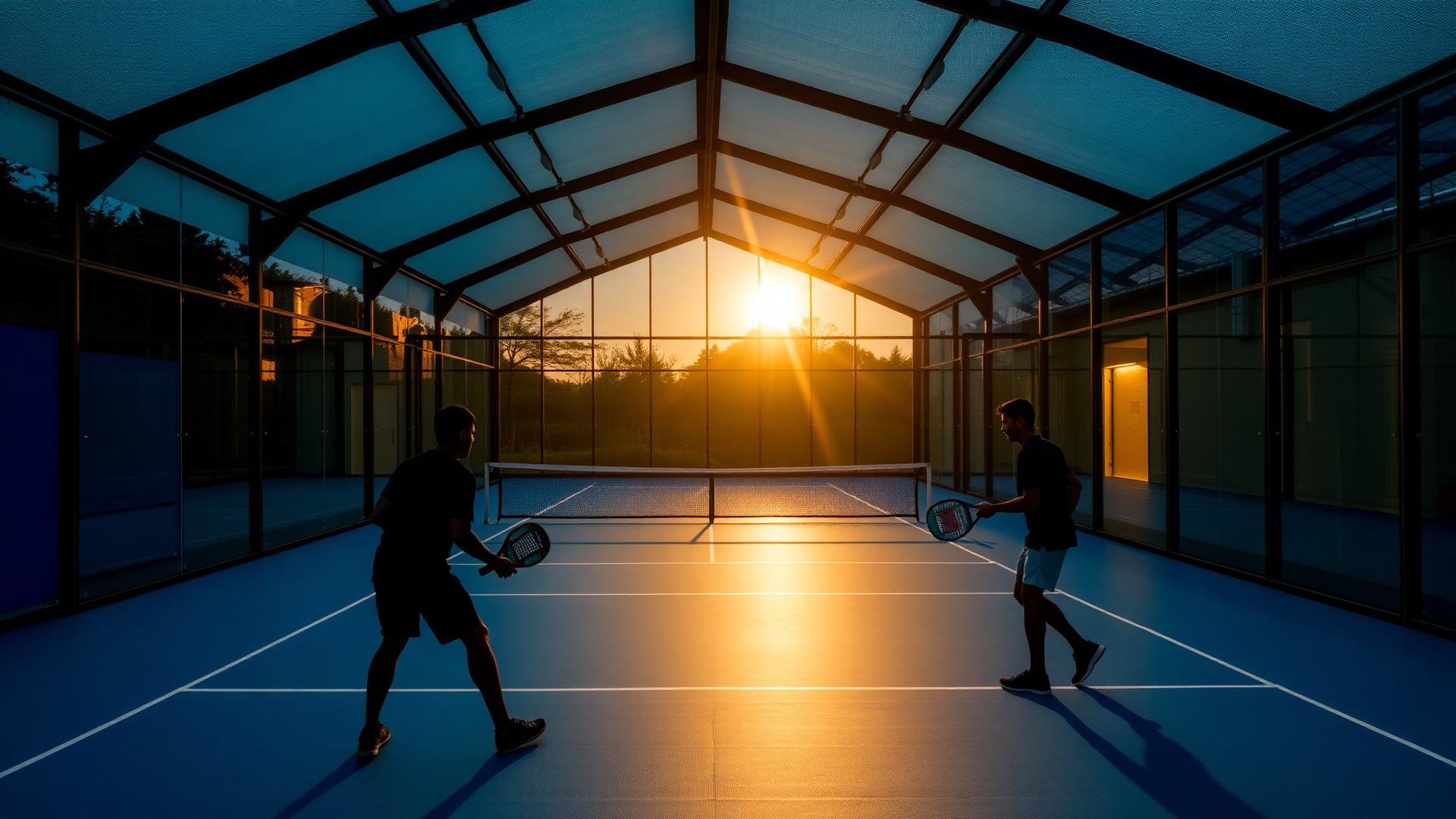 Players mid-rally on a floodlit indoor padel court at sunset